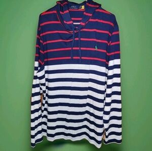 Ralph Lauren Red White Blue Striped Cotton Hooded T-Shirt size XL Green Pony
